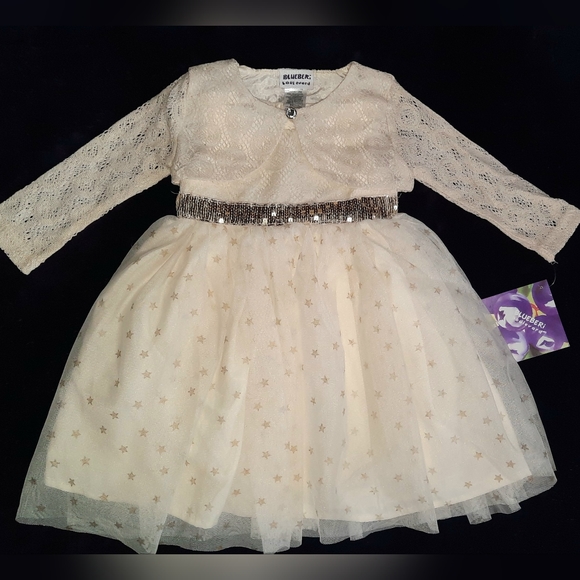 NWT 18mo Blueberi Ivory Sparkle holiday DRESS w/ Lace Cardigan - Picture 1 of 3